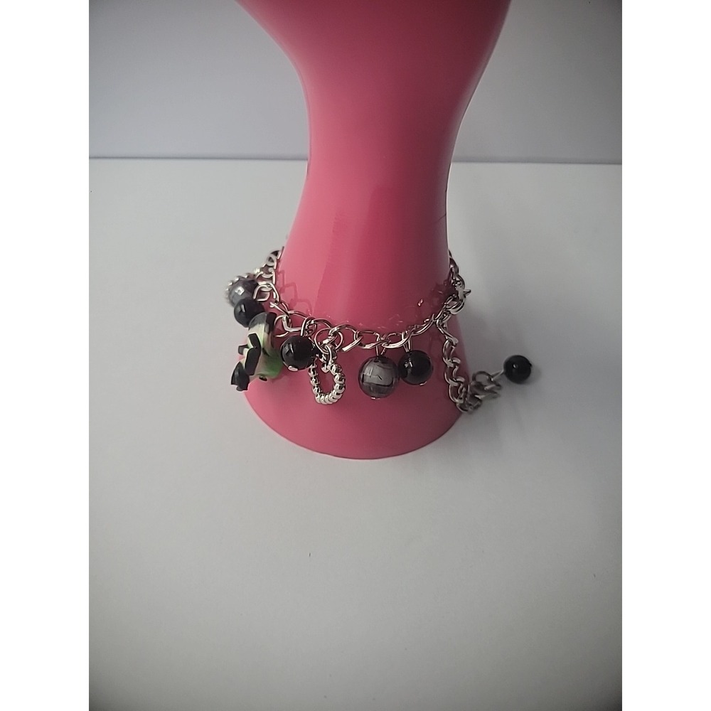 Vintage Bracelet Chain Drop Dangle Flowers Beaded Black Hearts Charm Jewelry - Picture 5 of 10